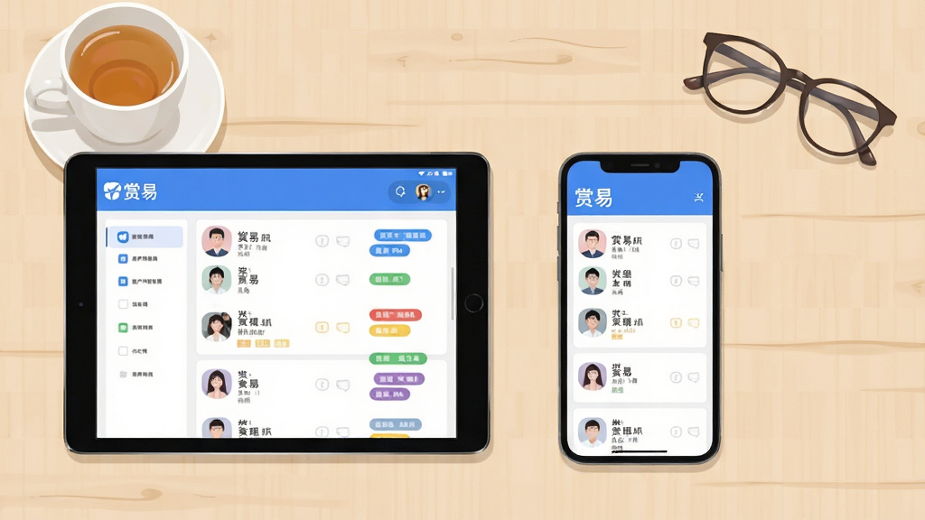 构图以一块平板电脑与一部手机并排摆放为主体,屏幕界面同步展示“赏易”客户管理列表,列表旁有彩色标签分类。背景为简约木质办公桌,摆放一杯清茶与眼镜。布局采用平视双设备联动展示,排版强调界面内头像、姓名与标签的整齐排列,风格为清爽的商务插画风,细节注重屏幕显示内容的一致性,色调以蓝白与浅木色为主,画面干净无杂物,突出“赏易”品牌标识。