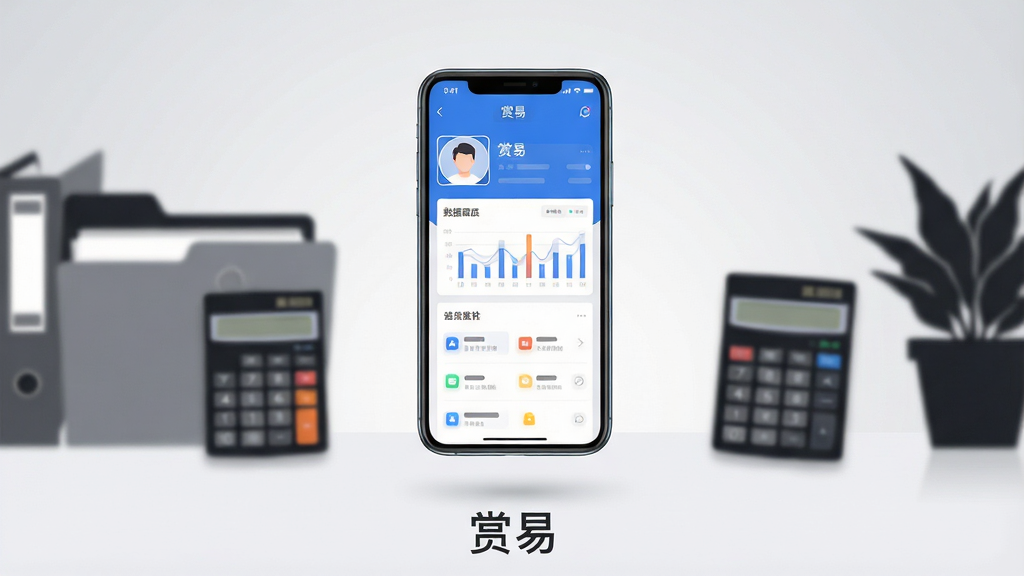 画面主体为一部亮屏的智能手机悬浮于简洁办公桌面上方,屏幕内清晰显示“赏易”APP的界面轮廓,界面以蓝白主色调呈现,包含头像、数据图表与功能列表模块。布局以手机为中心,周围环绕模糊处理的文件夹、计算器与绿植剪影。排版采用居中特写构图,背景为干净的浅灰色渐变工作室场景。风格偏向现代扁平化结合轻微拟物阴影,细节上突出屏幕内图表的清晰度与界面层次感,整体画质明亮干净,无多余元素,画面底部标注“赏易”字样。