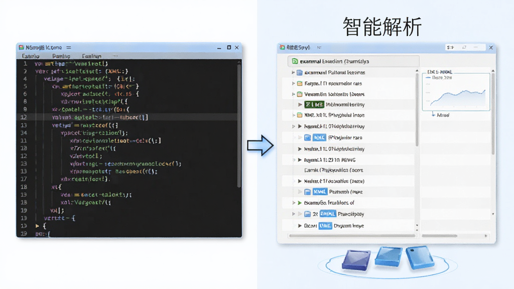 examxml软件解析XML文件的过程示意图,左侧为代码片段,右侧为解析后的题目列表,明亮背景,界面清晰,标注