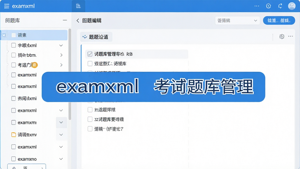 主视觉展示examxml软件界面,左侧题库列表,右侧题目编辑区域,现代扁平化设计,蓝白主色调,界面干净,中文标注