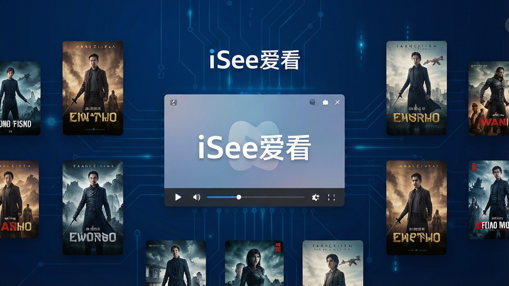 一张现代简洁的软件主界面预览图,深蓝色科技感背景,画面中央是“iSee爱看”的LOGO与播放窗口,周围悬浮着清晰的影视海报缩略图,布局规整,界面干净无多余元素,整体风格扁平化且富有质感,画质高清流畅
