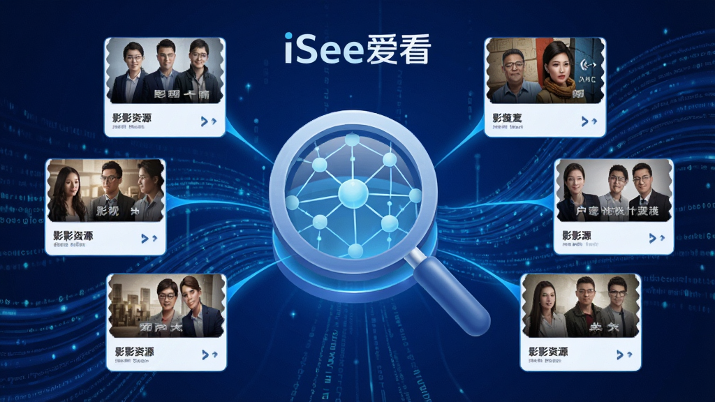 一张“iSee爱看”软件功能展示图,画面主体为放大镜图标正在扫描网络节点,周围连接着多个影视资源卡片,背景为流动的数据光线,构图以中心放射状布局,风格偏向科技插画,蓝色主色调,细节丰富,画质干净清晰