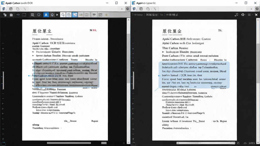 Apabi Carbon软件OCR功能演示截图,左侧为扫描的原文档图片,右侧为识别后的可编辑文本层,界面高亮显示识别结果,布局对比鲜明,风格简洁,强调技术精准度,细节包括识别文字与原文重叠对齐,画质干净无多余元素