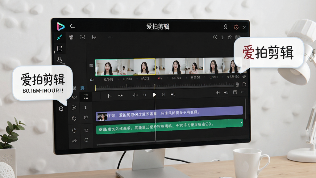 展示爱拍剪辑操作教程场景,屏幕上显示时间线编辑界面,有多个视频片段与文字轨道,旁边有操作提示气泡,整体风格教学化且清晰,突出“爱拍剪辑”软件界面,画质干净无多余元素
