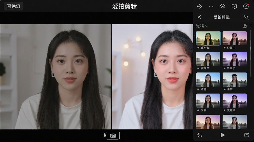 展示“爱拍剪辑”调色功能使用场景,屏幕左右两侧分别显示原始画面与调色后画面的对比效果,右侧色彩调整面板展开,有滤镜缩略图列表,整体风格专业且直观,突出“爱拍剪辑”界面元素,画质干净无多余元素