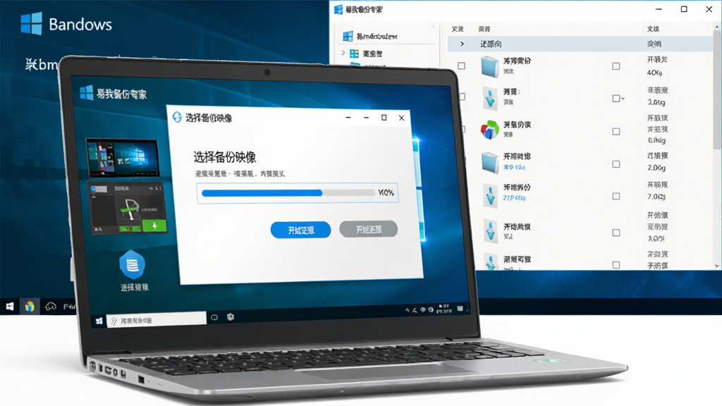 主体:一台笔记本电脑屏幕上显示易我备份专家家庭版的系统还原进度界面,背景是Windows恢复环境。布局:电脑位于画面中央偏左,右侧展示备份文件列表。排版:界面呈现还原向导步骤,包括“选择备份映像”、“开始还原”按钮。风格:写实风格结合科技感元素。细节:屏幕中显示“易我备份专家”Logo,还原进度条为蓝色。画质:高清,光线充足,画面干净无杂物。