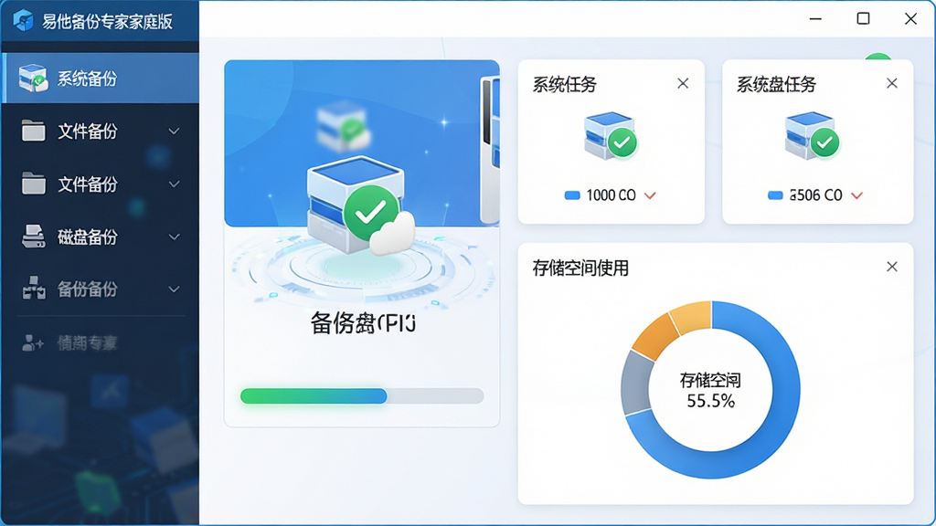 主体:易我备份专家家庭版软件主界面,展示系统盘C盘备份任务进行中,进度条清晰可见。布局:左侧功能导航栏,右侧操作区域上方为备份任务卡片,下方为存储空间使用情况环形图。排版:界面干净整洁,功能图标排列有序,色彩以蓝色和白色为主。风格:现代扁平化设计,科技感强。细节:界面中显示“系统备份”、“文件备份”、“磁盘备份”等菜单,主区域有绿色对勾图标。画质:高清渲染,画面干净明亮,无多余元素。