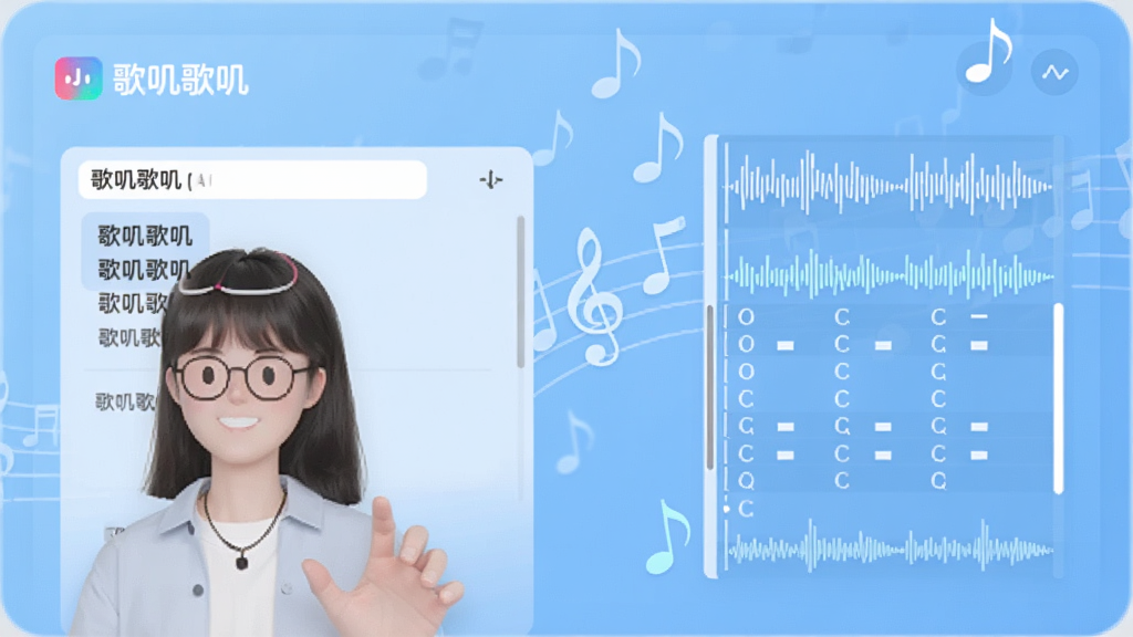 展示歌叽歌叽AI词曲生成功能的界面截图,画面中一位用户正在输入歌词,右侧实时滚动显示AI生成的旋律波形和和弦标记,背景有音符飘动特效,界面以浅蓝色为主色调,突出