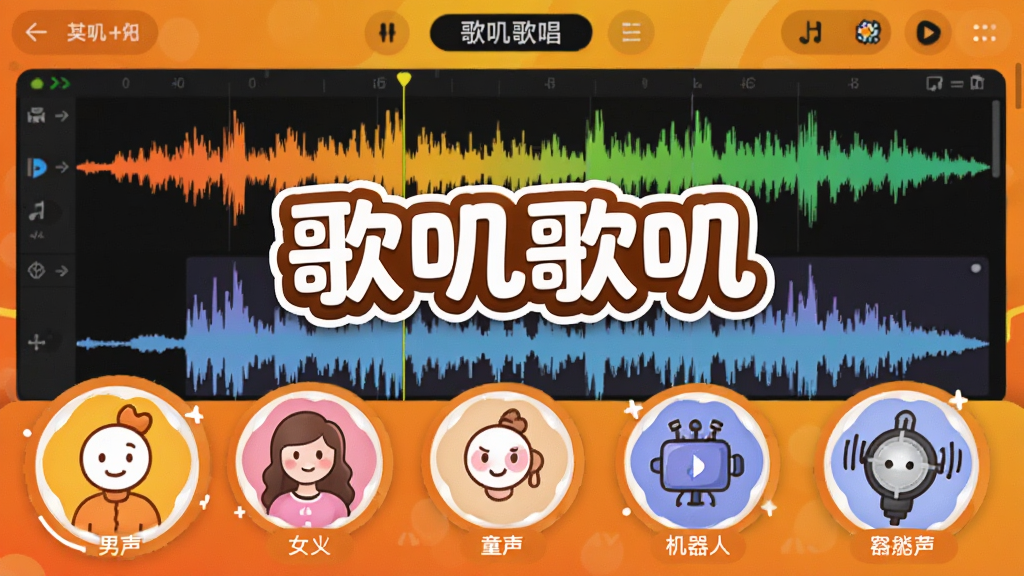 展示歌叽歌叽一键翻唱变声功能的操作面板,前景是选择音色库的圆形图标列表,包括男声、女声、童声、机器人声等,背景是波形编辑区,界面采用橙黄渐变色调,中心显示