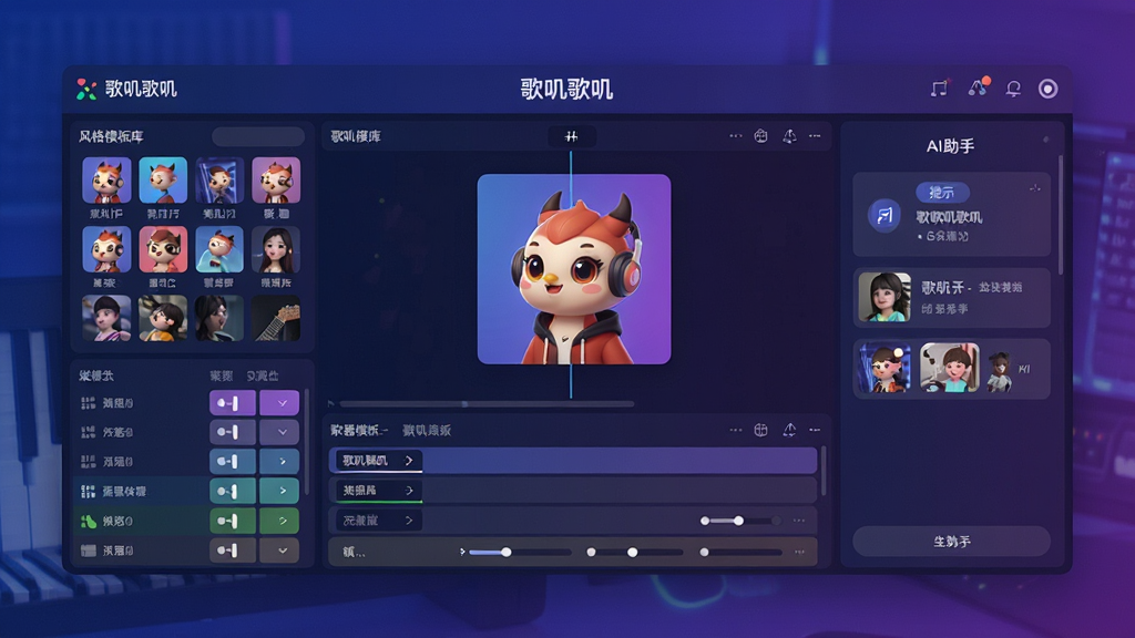 一张展示歌叽歌叽软件主界面和核心创作功能的宽幅高清预览图,画面中央是歌曲创作编辑面板,左侧为风格模板库和乐器轨道列表,右侧为AI助手提示区,整体采用深蓝与紫色渐变的科技感风格,界面干净整洁,文字清晰显示