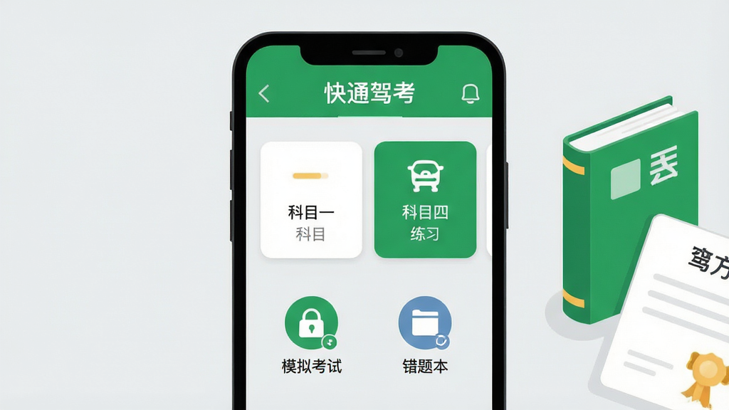 一张智能手机屏幕展示快通驾考App主界面,界面上方有绿色导航栏写着“快通驾考”,中间是科目一和科目四的练习入口卡片,下方为模拟考试与错题本图标,背景为浅灰色,手机居中放置,右侧有绿色书本和成绩单等装饰元素,整体排版干净,扁平化插画风格,画质清晰,无多余元素