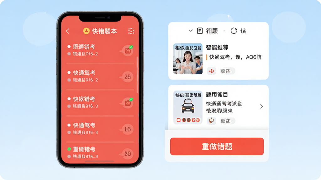 快通驾考App错题本页面截图风格示意图,左侧为红色错题列表,右侧为智能推荐相似题目卡片,底部有“重做错题”按钮,背景为淡蓝色渐变,主体为手机界面放大展示,扁平化UI设计风格,色彩明亮,画质干净,无多余元素