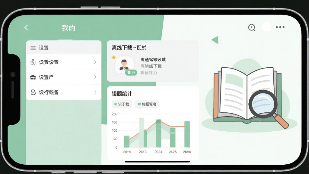 一张手机横屏截图,显示快通驾考App的“我的”页面,包含设置菜单、离线下载区域和错题统计图表,背景为浅绿色与白色拼接,手机屏幕占据画面中央,右侧有书本和放大镜漫画装饰,扁平化插画风格,画质干净,色彩柔和,无多余元素