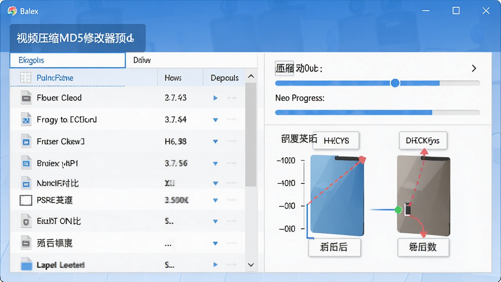 视频压缩MD5修改器压缩功能操作预览图,主体为批量压缩界面,布局展示文件列表与压缩进度,风格清爽,细节显示压缩前后对比,画质高,干净,无多余元素