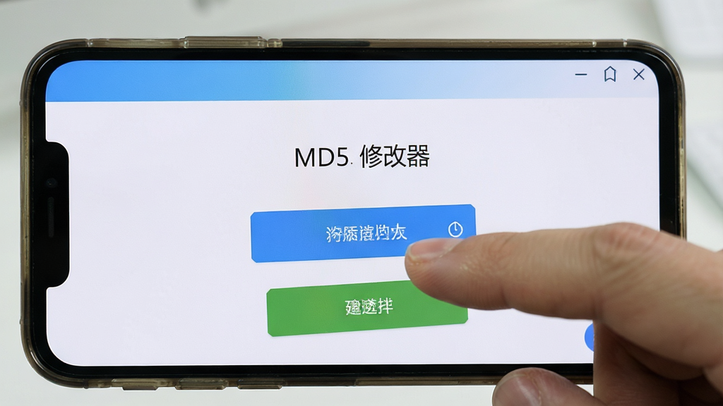 视频压缩MD5修改器手机端操作教程预览图,主体为手机屏幕显示软件操作界面,布局展示按钮位置,风格写实,细节有手指点击动作,画质清晰,干净,无多余元素