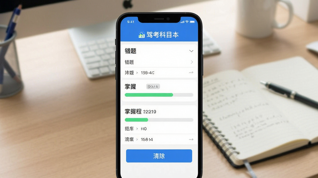 一张展示“驾考科目一考试”APP错题本功能的截图预览,界面显示错题列表、掌握程度进度条和清除按钮,背景为学习桌面和笔记本,风格简约清爽,画质高清,干净无多余元素