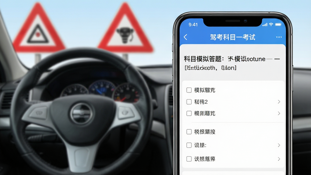 一张展示“驾考科目一考试”APP在智能手机上运行的界面预览图,屏幕中显示科目一模拟考试答题页面,包含题目和选项,背景有方向盘和交通标志等驾考元素,整体布局简洁,风格写实清晰,画质高清,干净无多余元素