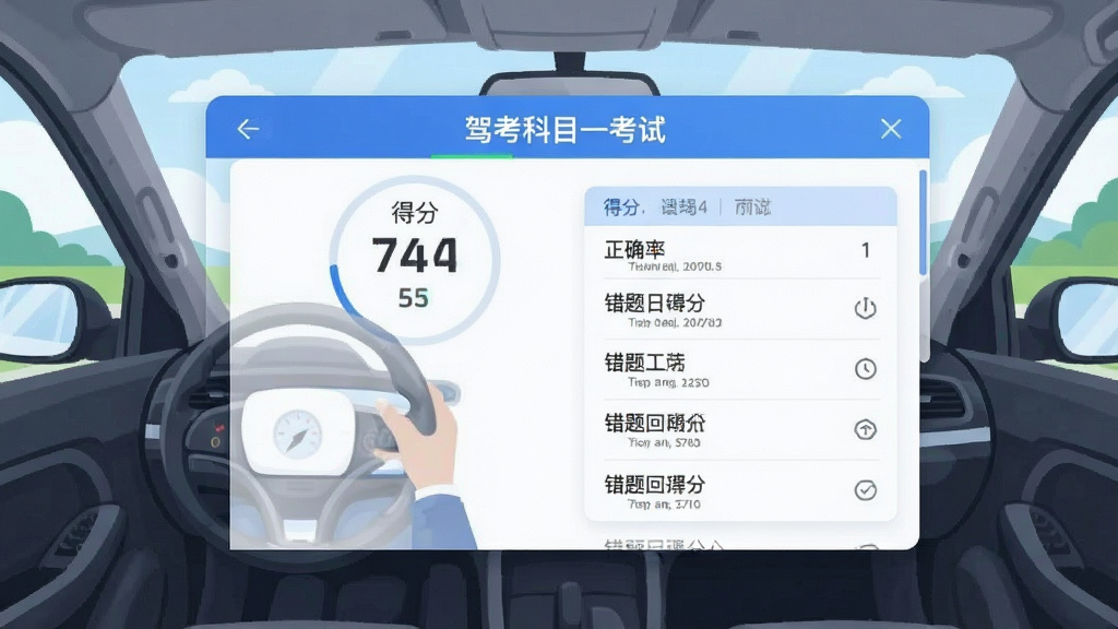 一张展示“驾考科目一考试”软件模拟考试评分页面的图片,页面显示得分、正确率、错题回顾列表,背景为汽车驾驶场景插画,排版清晰,风格现代,画质细致,干净无多余元素