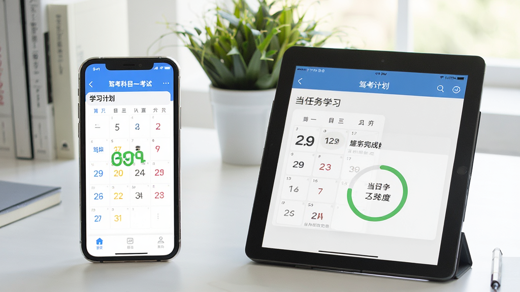 一张展示“驾考科目一考试”APP在手机和平板上同步学习场景的图片,界面显示学习计划日历和当日任务完成度,背景为整洁的书桌和绿植,风格明亮自然,画质清晰,干净无多余元素