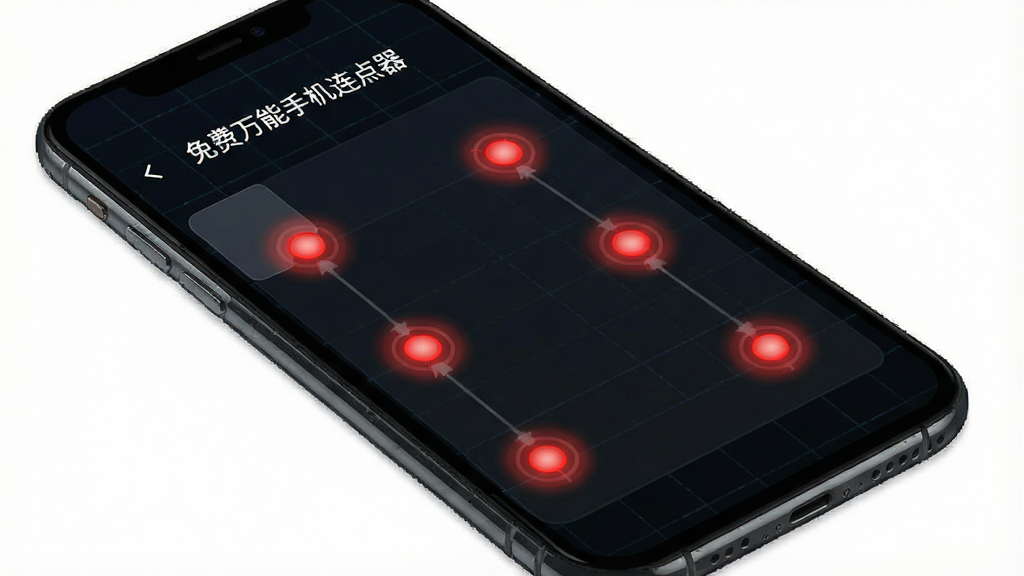 一张动态效果图,手机屏幕上显示“免费万能手机连点器”操作面板,多个红色圆点标记同时闪烁,代表多点触控,背景为暗色网格,突出科技感,画质清晰,干净,无多余元素
