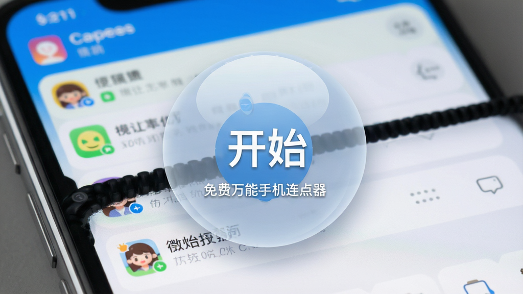 手机屏幕边缘悬浮着一个半透明圆形悬浮球,上面有“开始”图标,背景是正在运行的社交软件界面,悬浮球位置醒目,画质高清,展示“免费万能手机连点器”的便捷操控,干净,无多余元素