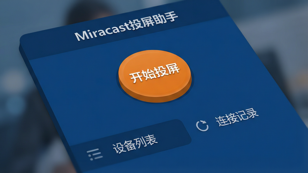一张应用操作界面的特写图,界面以深蓝色为主色调,顶部有“Miracast投屏助手”字样,中间区域显示一个醒目的橙色圆形“开始投屏”按钮,按钮下方排列着“设备列表”、“连接记录”等菜单项。画面干净清晰,突出按钮的立体质感,背景虚化处理,整体风格扁平化设计,画质高清,无多余元素。