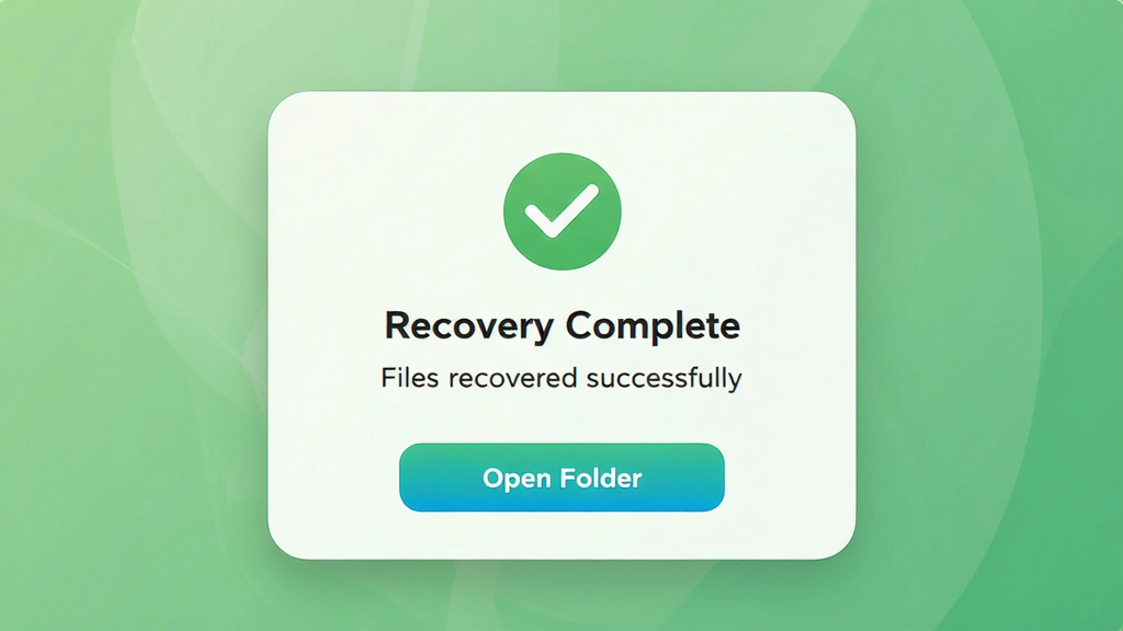 主体:FreeUndelete恢复成功提示界面。布局:中央对勾图标和“Recovery Complete”文字,下方按钮为“Open Folder”。排版:简洁居中,背景为柔和绿色渐变。风格:现代通知风格,圆角卡片。细节:图标下方显示“Files recovered successfully”,按钮颜色鲜明。画质:高清,干净,无多余元素。