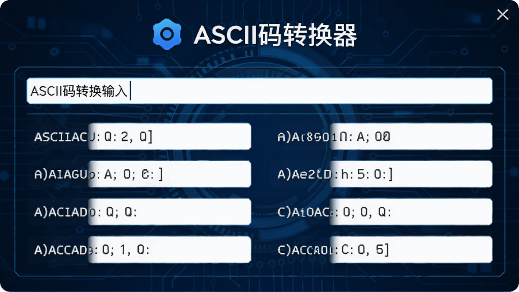 ASCII码转换器主界面预览图,展示字符输入框与多种进制结果输出区域,背景为深蓝色科技感风格,界面居中,排版清晰,图标简洁,文字标注“ASCII码转换器”,画质高清,干净无多余元素