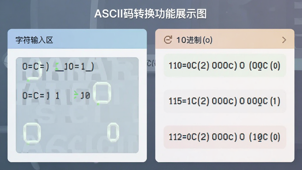 ASCII码转换器功能展示图,左侧为字符输入区,右侧并列显示十进制、十六进制、二进制结果,布局对称,风格简洁现代,软件名称位于顶部,画质细腻,色彩柔和,无多余元素