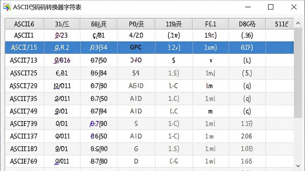 ASCII码转换器字符表界面截图,表格形式展示ASCII码与字符对照,高亮显示选中行,界面清爽,字体清晰,软件名称显示在窗口标题栏,画质干净,无多余元素