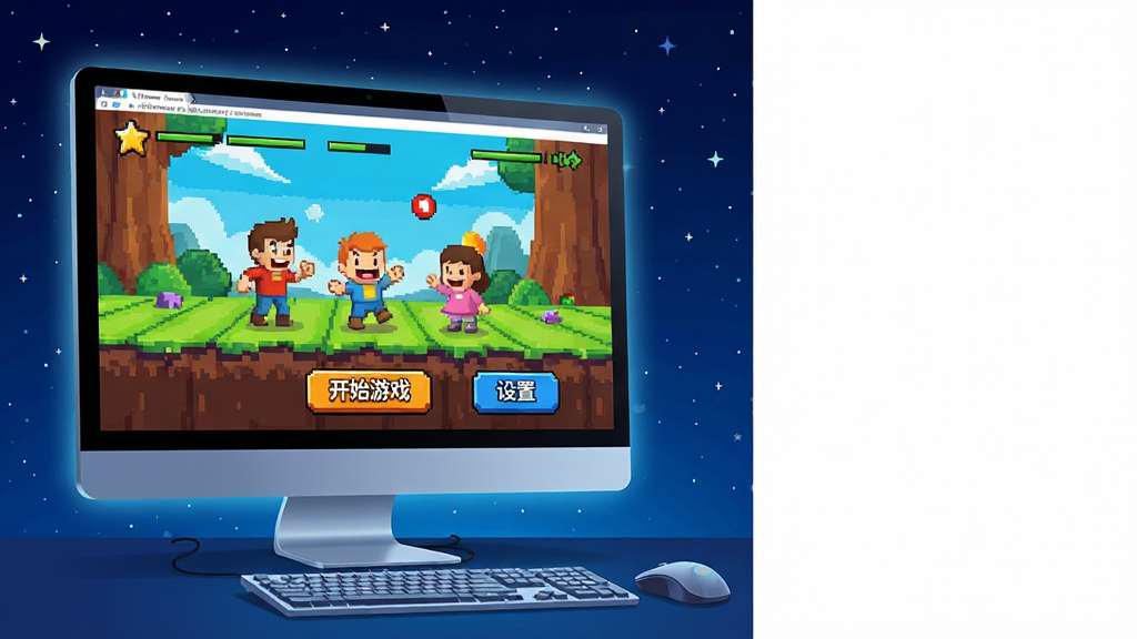 主体:一台现代化的Windows电脑屏幕上正在运行一个色彩丰富的Flash动画游戏界面,游戏中有卡通角色和互动按钮。布局:电脑位于画面中央偏左,屏幕朝向观众,右侧留白,整体呈横向构图。排版:屏幕内动画界面清晰可见,有“开始游戏”和“设置”等文字按钮,界面层次分明。风格:扁平化数字插画风格,色彩明亮活泼,带有一点怀旧像素元素。细节:屏幕边缘有轻微的发光效果,键盘鼠标摆放在电脑前方,桌面背景为深蓝色星空。画质:高清,干净,无多余元素。