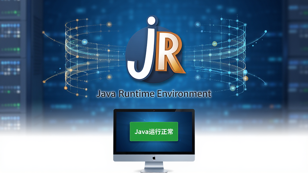 画面主体为“Java Runtime Environment”官方图标悬浮于蓝色科技背景中央,周围环绕半透明的数据流与网格节点,下方展示一台运行中电脑屏幕弹出“Java运行正常”的绿色提示框;布局采用居中对称构图,图标下方用无衬线体标注“Java Runtime Environment”字样;整体风格偏现代科技感,色彩以深蓝与橙色为主;细节强调光线反射与阴影层次,画质高清,背景干净无多余元素。