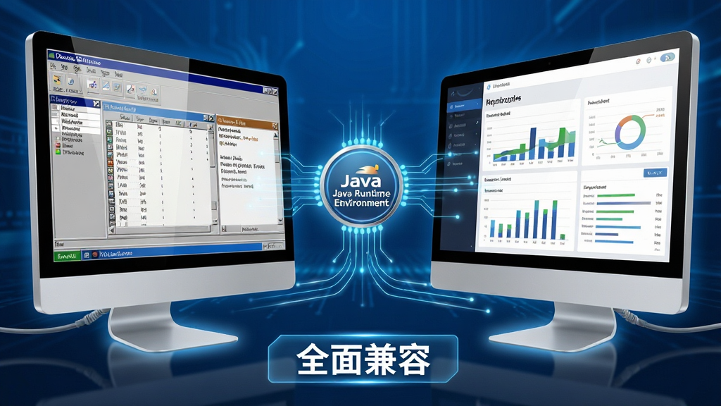 主体为两台并排的电脑显示器,左侧屏幕显示旧的财务软件界面,右侧屏幕显示现代数据分析面板,中央用发光线条连接并汇聚到“Java Runtime Environment”徽章;布局为左右对称,底部配有“全面兼容”文字标签;风格写实结合光效,科技蓝背景,突出无缝衔接与多场景支持;细节包括屏幕反光与接口处的柔和光晕,画质干净无杂乱元素。