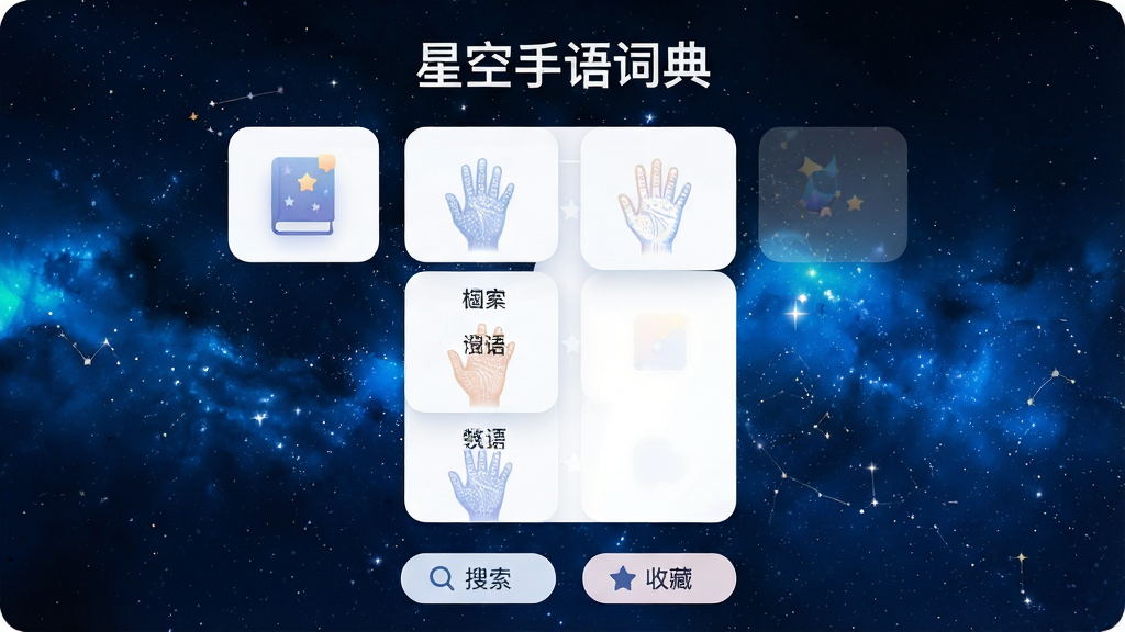 一张星空手语词典的主界面预览图,界面顶部显示“星空手语词典”字样,中部为分类词汇列表,底部有搜索与收藏按钮,整体设计以深蓝色星空背景搭配白色卡片,图标色调柔和,风格简洁清新,画质清晰干净,无多余元素