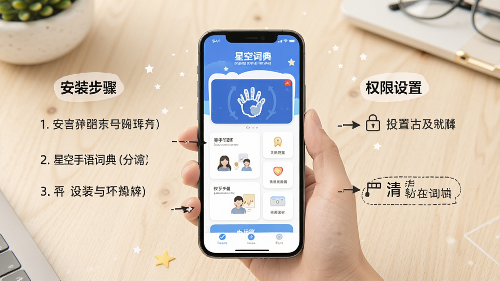 星空手语词典在手机上的安装与使用示意图,手机屏幕显示软件主界面,旁边有文字标注“安装步骤”“权限设置”等,背景为浅色桌面,整体风格简洁明了,突出“星空手语词典”logo