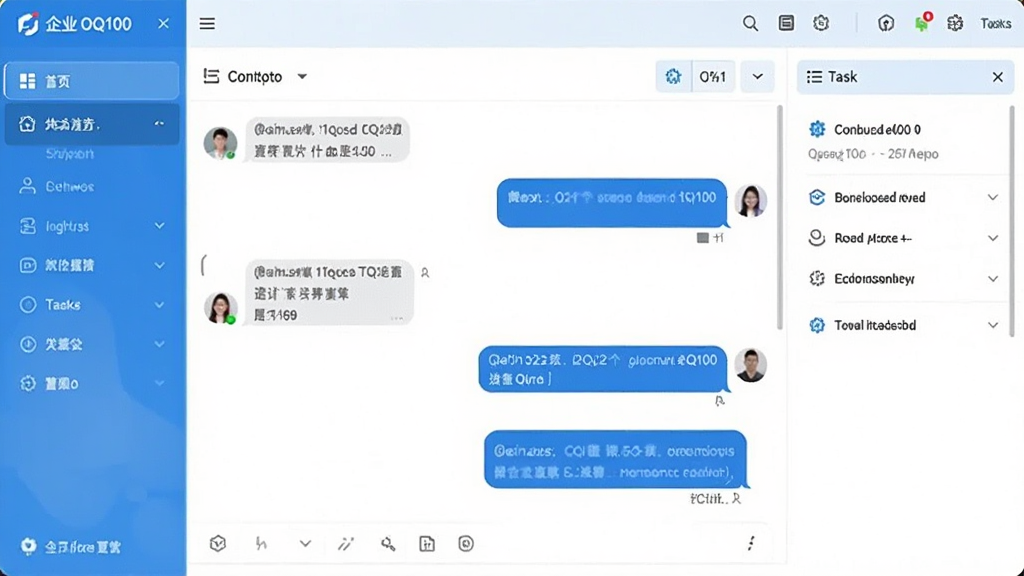 企业OQ100软件主界面预览图,展示左侧导航栏、中央聊天窗口和右侧任务面板,整体风格简洁现代,蓝白主色调,界面干净明亮,画质清晰,无多余元素
