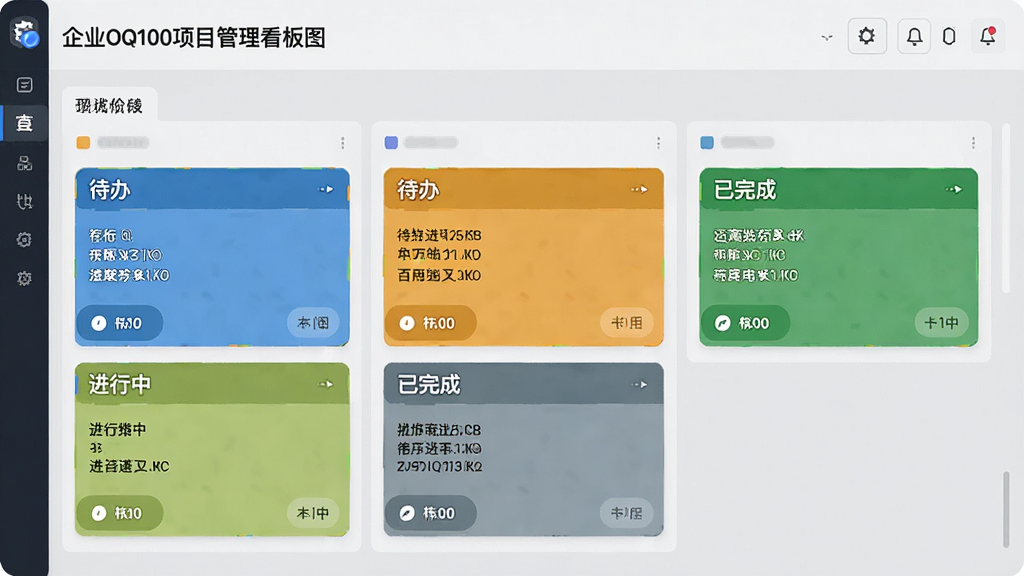 企业OQ100项目管理看板视图,展示不同阶段的任务卡片,包括待办、进行中和已完成,看板背景为浅灰色,卡片色彩丰富,信息层级分明,界面专业且直观