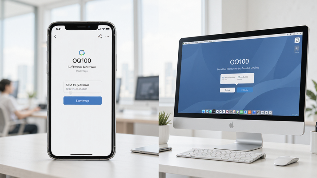 企业OQ100手机端与电脑端同时登录使用场景,展示多设备同步与移动办公的便捷,画面分为左右两部分,左侧为手机界面,右侧为电脑屏幕,风格写实,光线明亮,无多余杂物