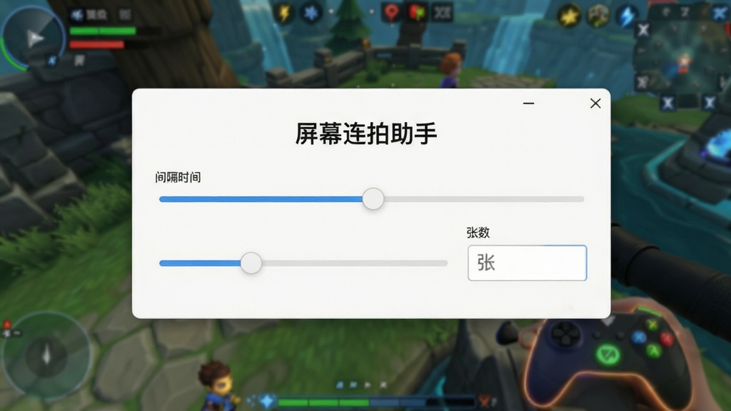 展示“屏幕连拍助手”软件连拍设置界面,包含间隔时间滑块与张数输入框,背景为动态游戏画面,画面清晰流畅,设计直观,画质细腻干净,无多余元素