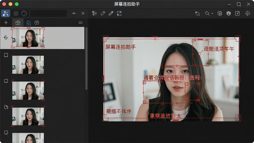 展示“屏幕连拍助手”软件编辑界面,左侧为连拍图片列表,右侧为编辑预览区,图片上有红色标注框与文字说明,工具栏清晰,风格专业,画质清晰干净,无多余元素