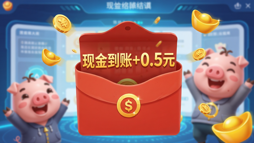 图片主体是游戏结算界面特写,屏幕中央有一个打开的大红色红包,里面弹出金灿灿的