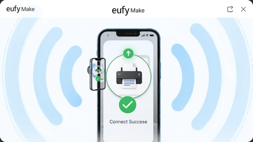 图片主体为eufyMake软件连接界面,背景是淡蓝色无线信号波纹,布局中央显示手机与打印机配对成功图标,排版采用对称式设计,风格为现代简约科技风,细节有连接成功绿色对勾标志,画质干净清晰无多余元素