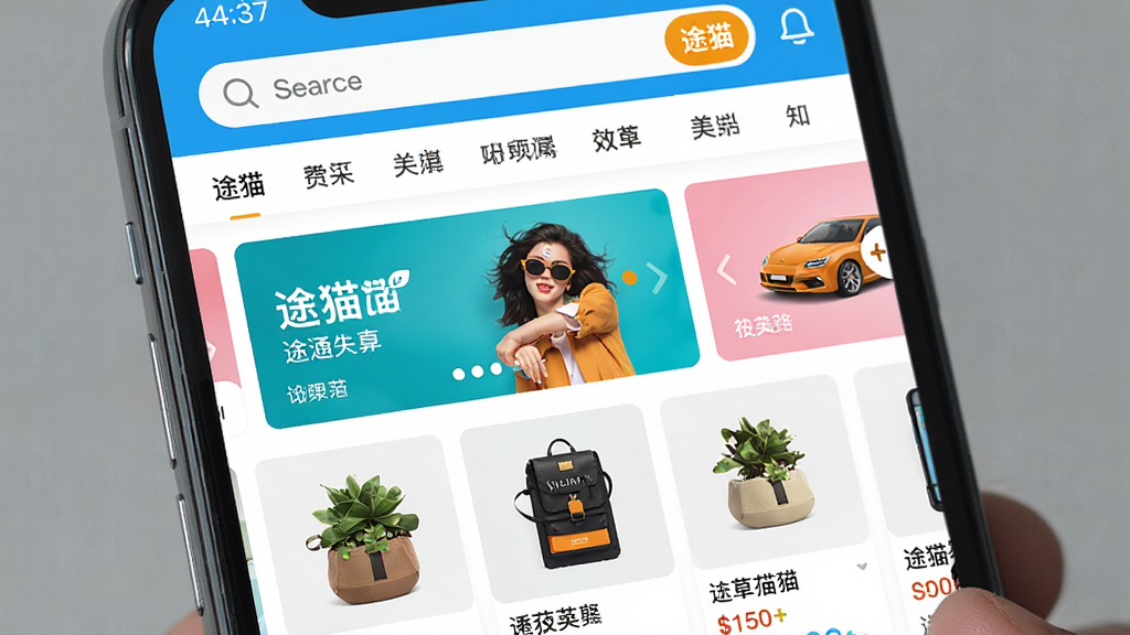 一张展示途猫应用界面的高清手机截图,主体为手机屏幕上的途猫主页面,布局清晰,上方是搜索栏和分类导航,中部是轮播广告和商品瀑布流,风格现代简约,色彩明亮,细节展示商品图片和价格标签,画质清晰,干净,无多余元素。