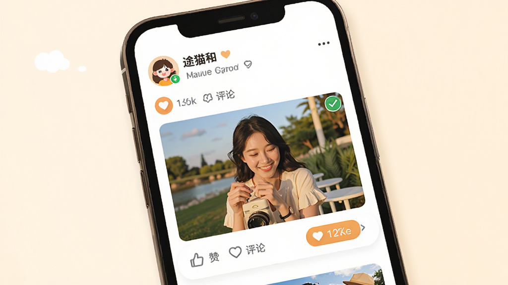 途猫社区互动界面示意图,主体为手机屏幕,展示用户发布的图文帖子,布局为信息流样式,有头像、昵称、图片和点赞评论按钮,风格温馨活泼,细节突出内容多样性,画质清晰,干净,无多余元素。