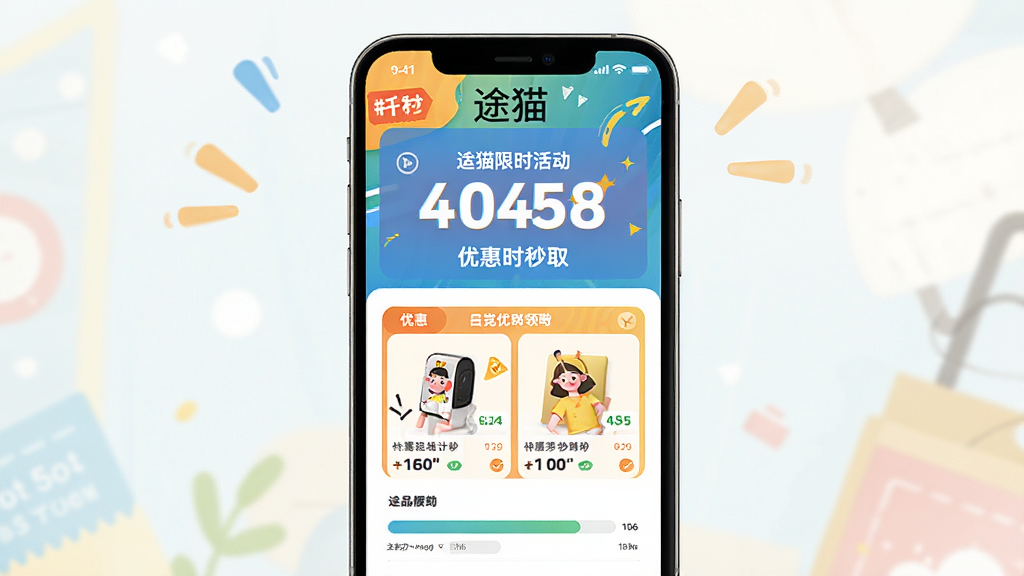 途猫限时活动页面设计预览,主体为手机界面,展示倒计时秒杀和优惠券领取区域,布局清晰醒目,色彩鲜艳突出活动氛围,细节包括商品折扣标签和进度条,风格活泼,画质高清,干净。