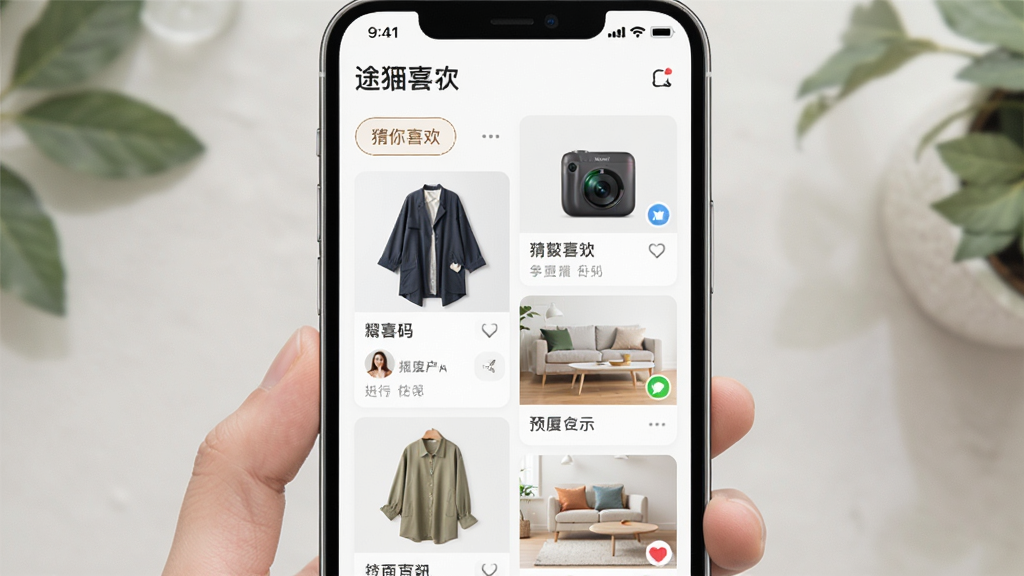途猫智能推荐功能预览图,主体为手机界面,展示个性化推荐商品列表,布局为双列瀑布流,包含服饰、数码、家居等品类,风格清新自然,细节突出“猜你喜欢”模块,画质清晰,干净无多余元素。