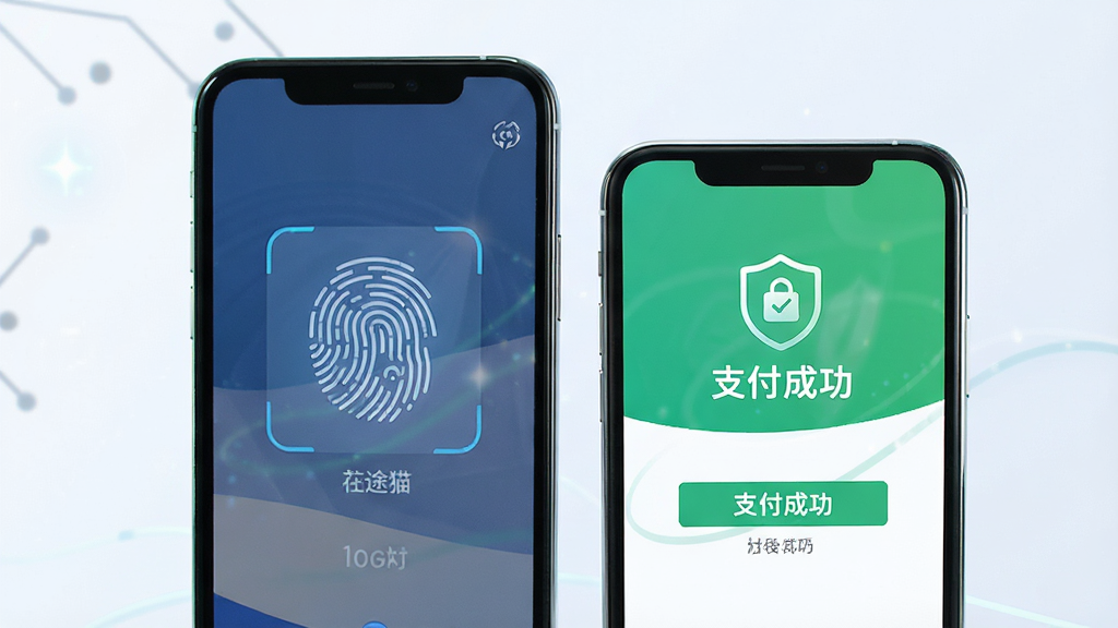 途猫支付安全保障示意图,主体为手机支付界面,显示指纹验证和支付成功页面,布局简洁,风格科技感强,细节包括安全盾牌图标和“支付成功”字样,画质清晰,干净无多余元素。