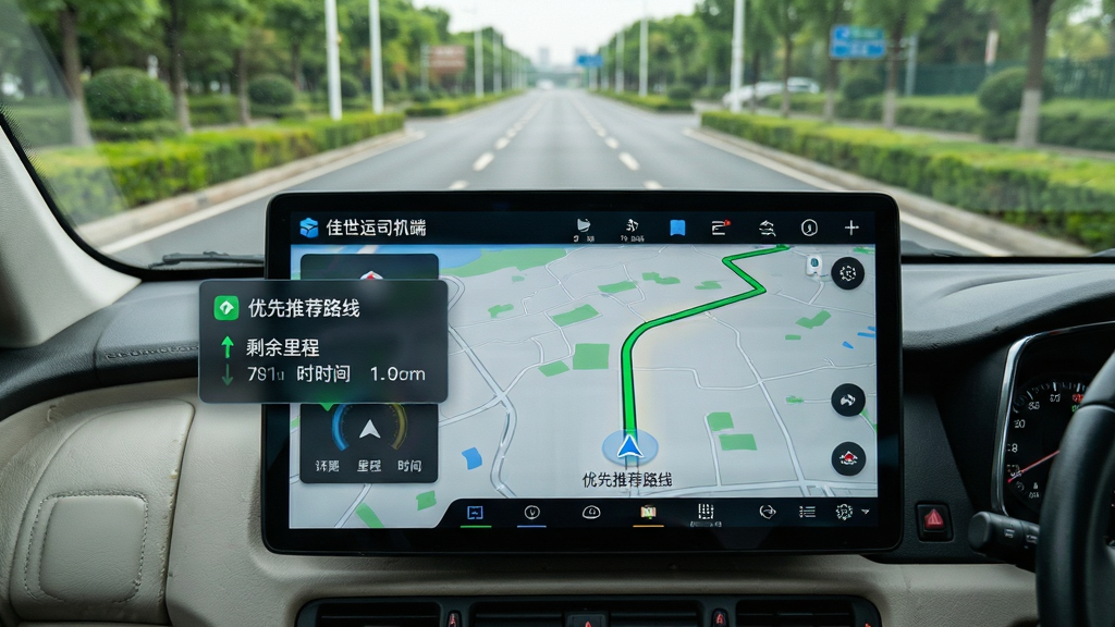 主体:驾驶室视角,中控大屏显示“佳世运司机端”导航界面,前方道路清晰。布局:画面中央为导航地图,左侧有悬浮路线提示卡片。排版:地图上标注“优先推荐路线”绿色线条,提示卡片显示剩余里程和时间。风格:写实驾驶场景,科技感HUD元素。细节:屏幕反光自然,道路两旁有绿化带。画质:高分辨率,干净,无多余元素。