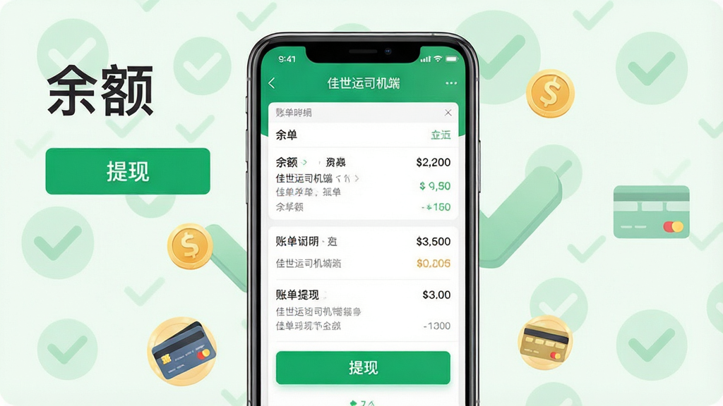 主体:手机界面截图,展示“佳世运司机端”的账单明细和提现页面,背景为淡绿色对勾图标。布局:手机居中,周围环绕金币和银行卡小图标。排版:左上角显示“余额”大字,下方为提现按钮。风格:简洁商务风,绿色点缀。细节:账单列表清晰,提现按钮高亮。画质:干净,无多余元素。