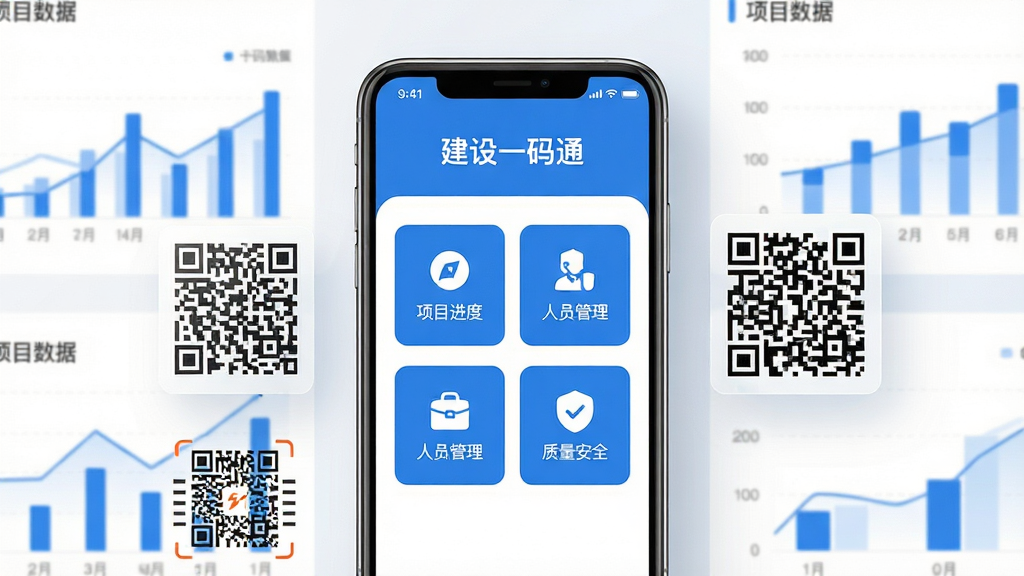 主体:建设一码通APP界面展示,包含项目进度、人员管理、质量安全等核心功能模块图标。布局:中央展示手机应用主界面,周围环绕项目数据图表与二维码元素。排版:界面扁平化,功能图标清晰排列,色彩以蓝色和白色为主,突出科技感与专业感。风格:现代商务风格,界面干净简洁,光线明亮柔和。细节:屏幕内显示“建设一码通”字样及主要功能按钮,二维码图案清晰可扫描。画质:高清渲染,像素精细,画面干净,无多余元素。